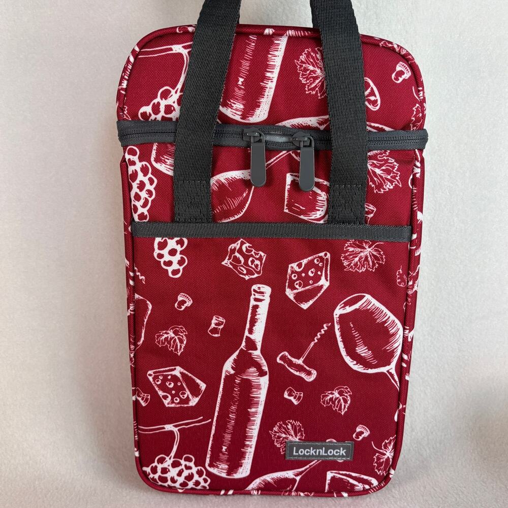 LocknLock Insulated 2 Bottle Wine Carrier, red bottle cheese grapes, NEW